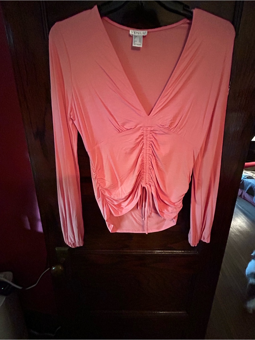 Ruched v-neck top in coral. Size M. New with tags. Venus Brand